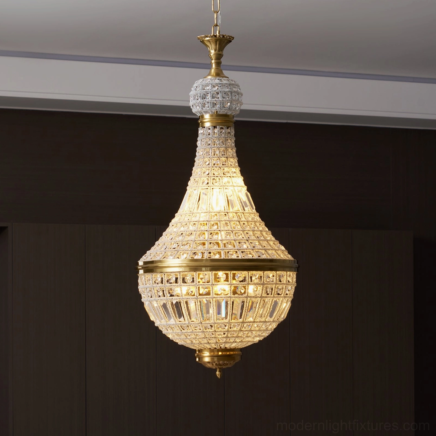 Marrakech empire chandelier showing full teardrop silhouette and crystal coverage