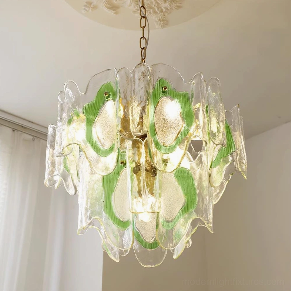 50cm vintage glass chandelier with green-tinted hand-blown shades and polished gold finish