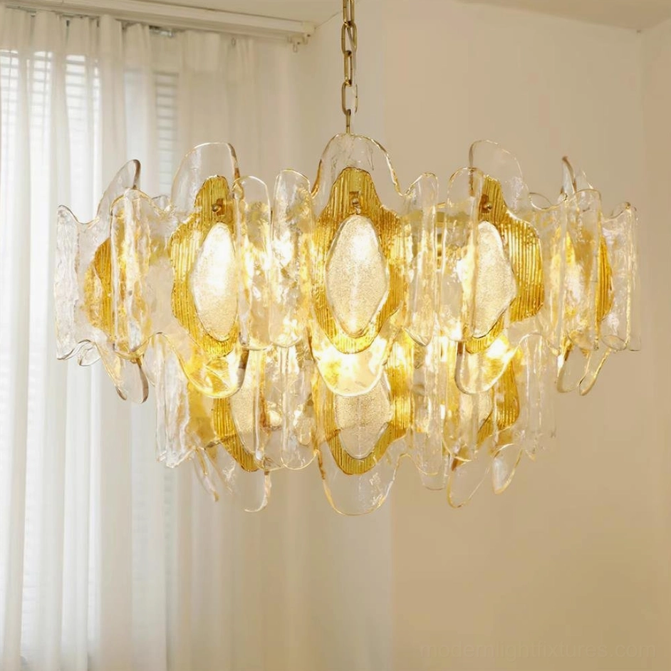 70cm large vintage glass chandelier with amber hand-blown shades in formal interior setting