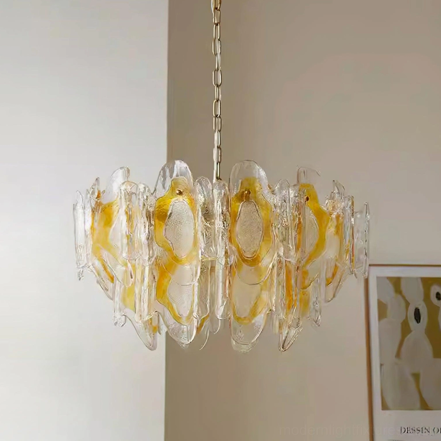 French-inspired vintage glass chandelier with polished gold hardware and hand-blown shades