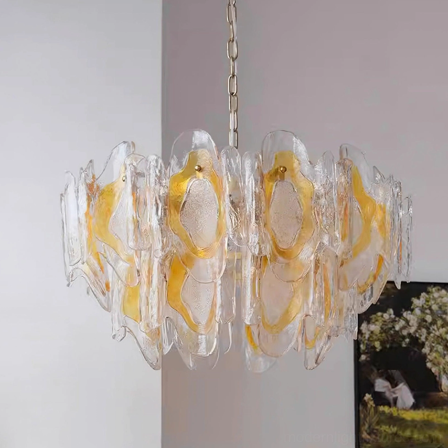 Marrina vintage glass chandelier featuring artistic hand-blown amber and green glass combination