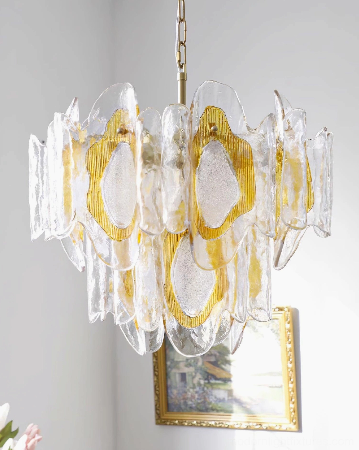 Vintage glass chandelier featuring multiple irregular hand-blown amber shades in artistic arrangement