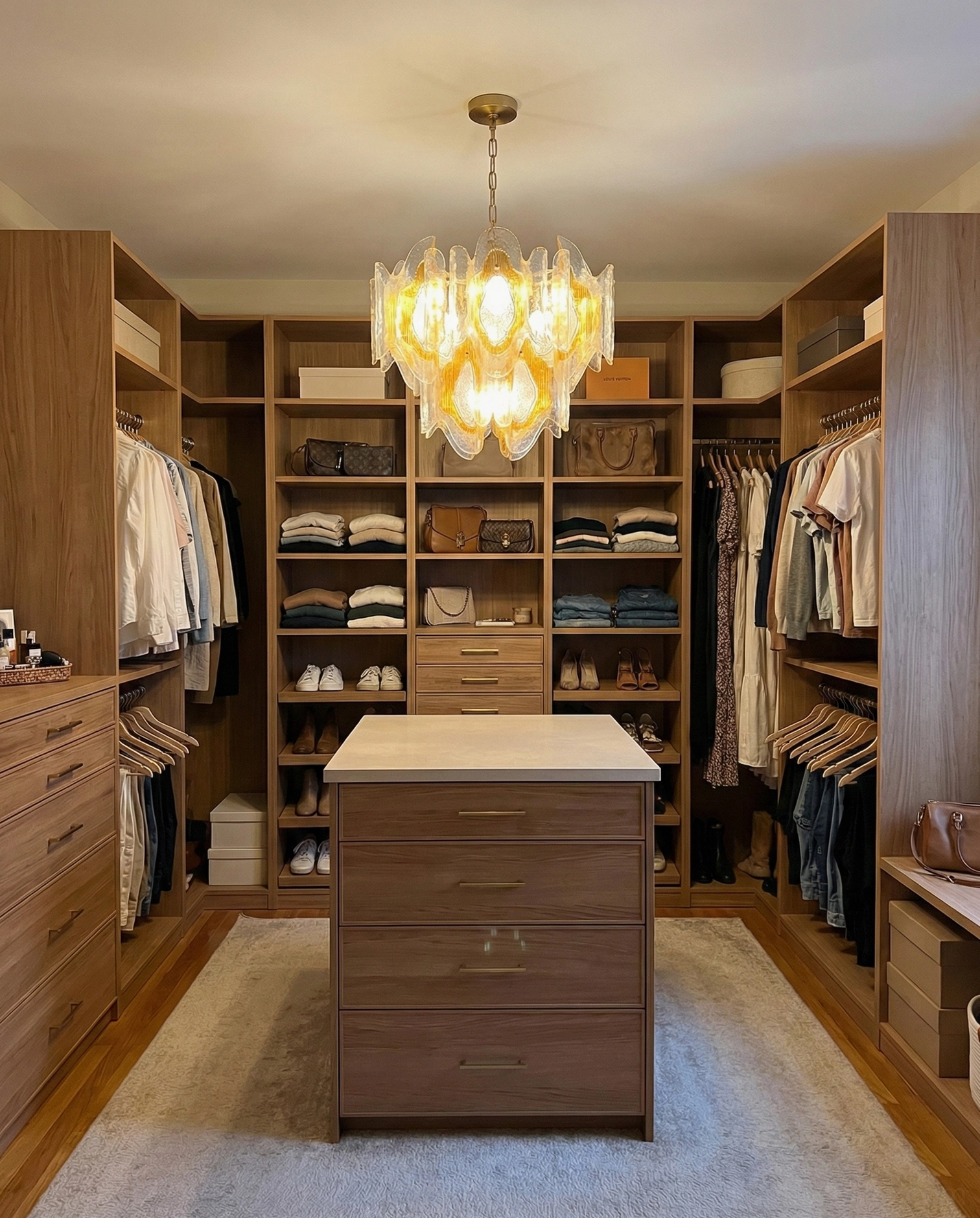 Vintage amber glass chandelier mounted in modern walk-in closet above island counter