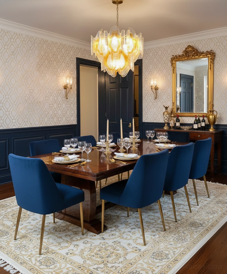 Vintage amber glass chandelier installed above formal dining table in luxury residence