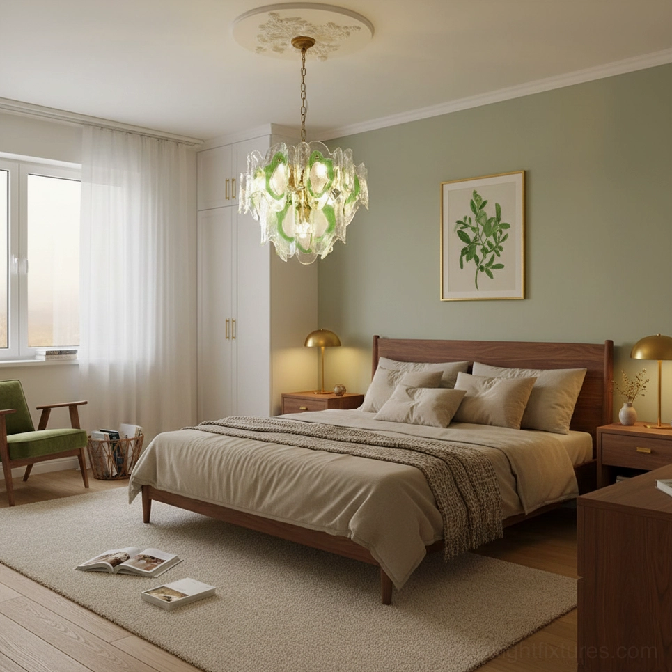 Marrina vintage glass chandelier with hand-blown amber shades and polished brass frame detail