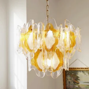 Gold and amber vintage glass chandelier with irregular hand-blown glass shades, overhead interior residential view
