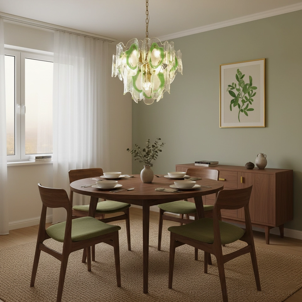 Marrina hand-blown vintage chandelier with irregular wave glass pattern and brass hardware