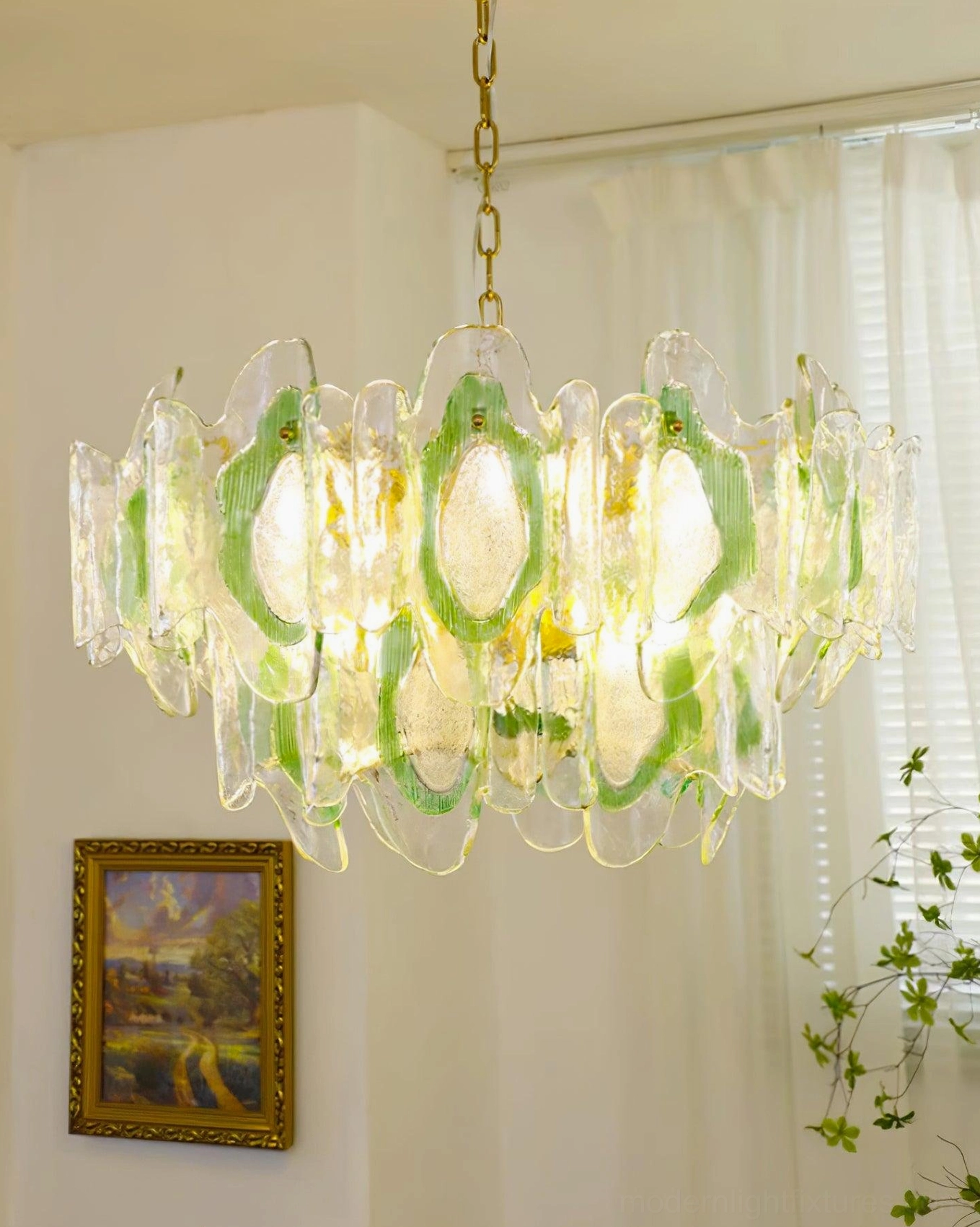 Marrina vintage chandelier close-up showing intricate hand-blown glass texture and brass frame