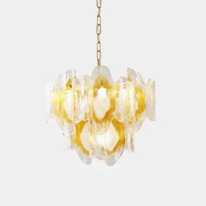 Marrina hand-blown vintage glass chandelier with amber wavy shades and polished gold metal frame, studio front view