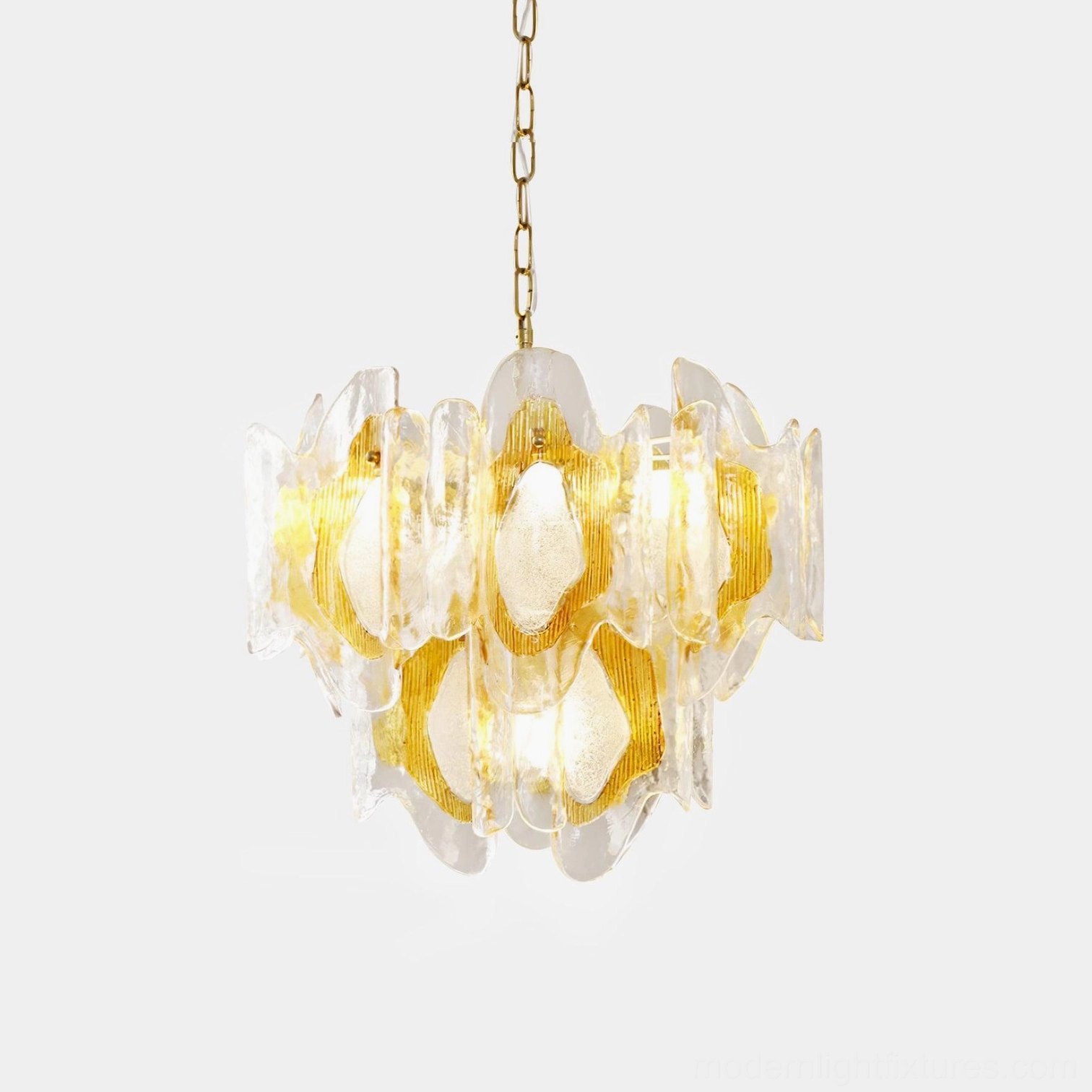 Marrina hand-blown vintage glass chandelier with amber wavy shades and polished gold metal frame, studio front view