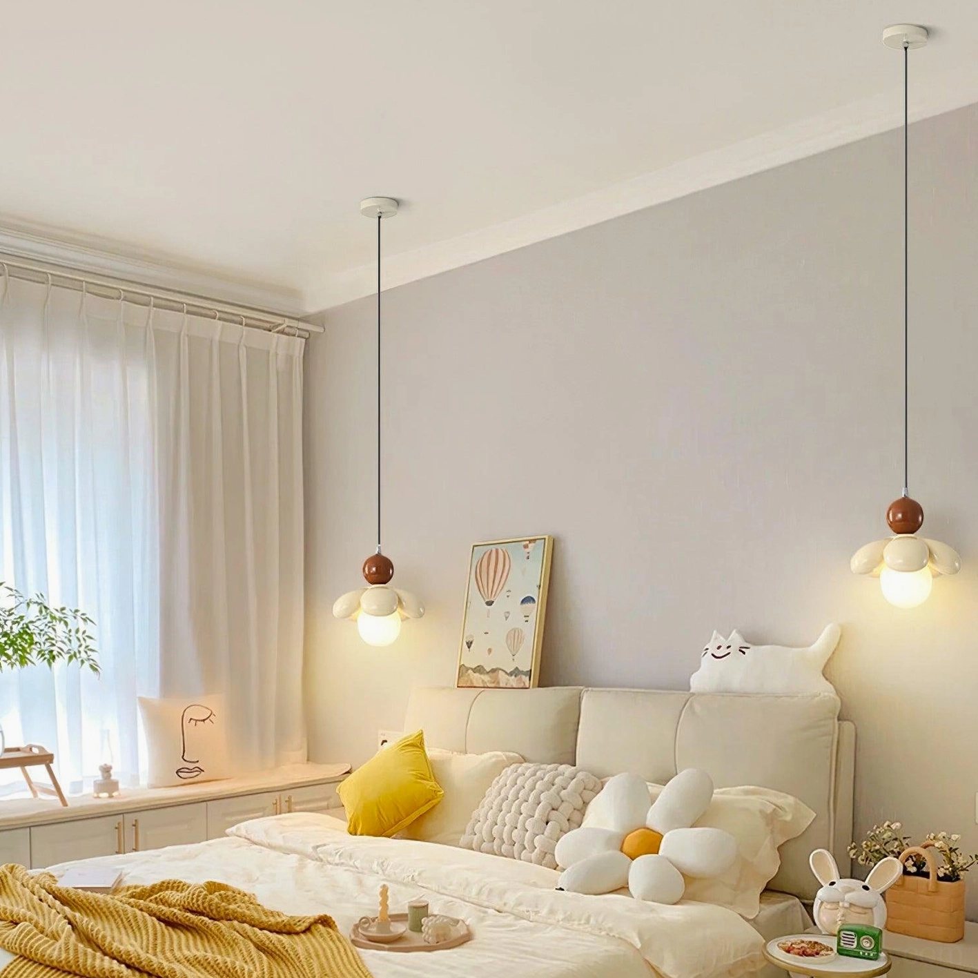 Pair of Maru Flower Pendant Lights in neutral colors, modern bedroom wall installation