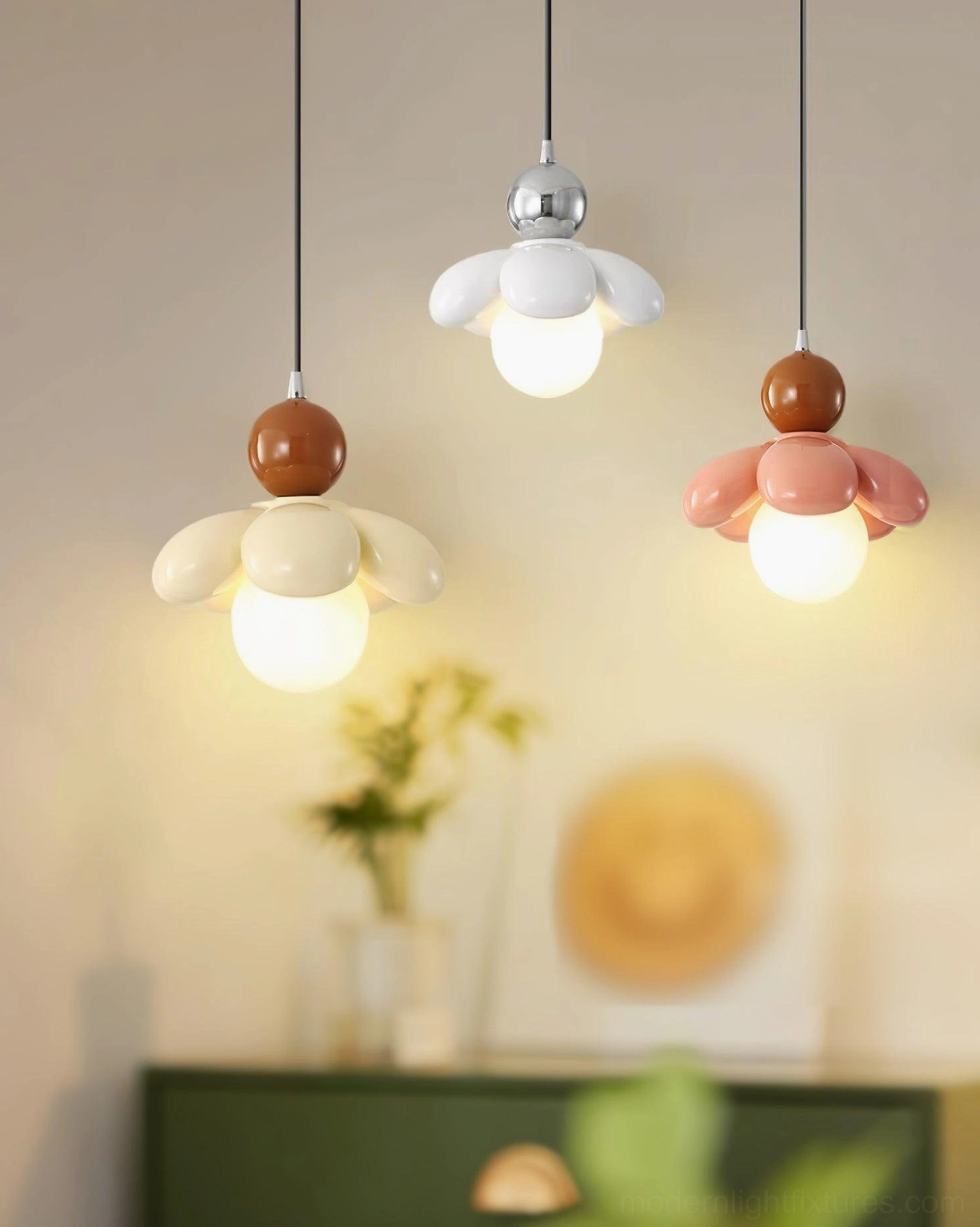 Three Maru Flower Pendant Lights in multiple colors, white pink beige variants display