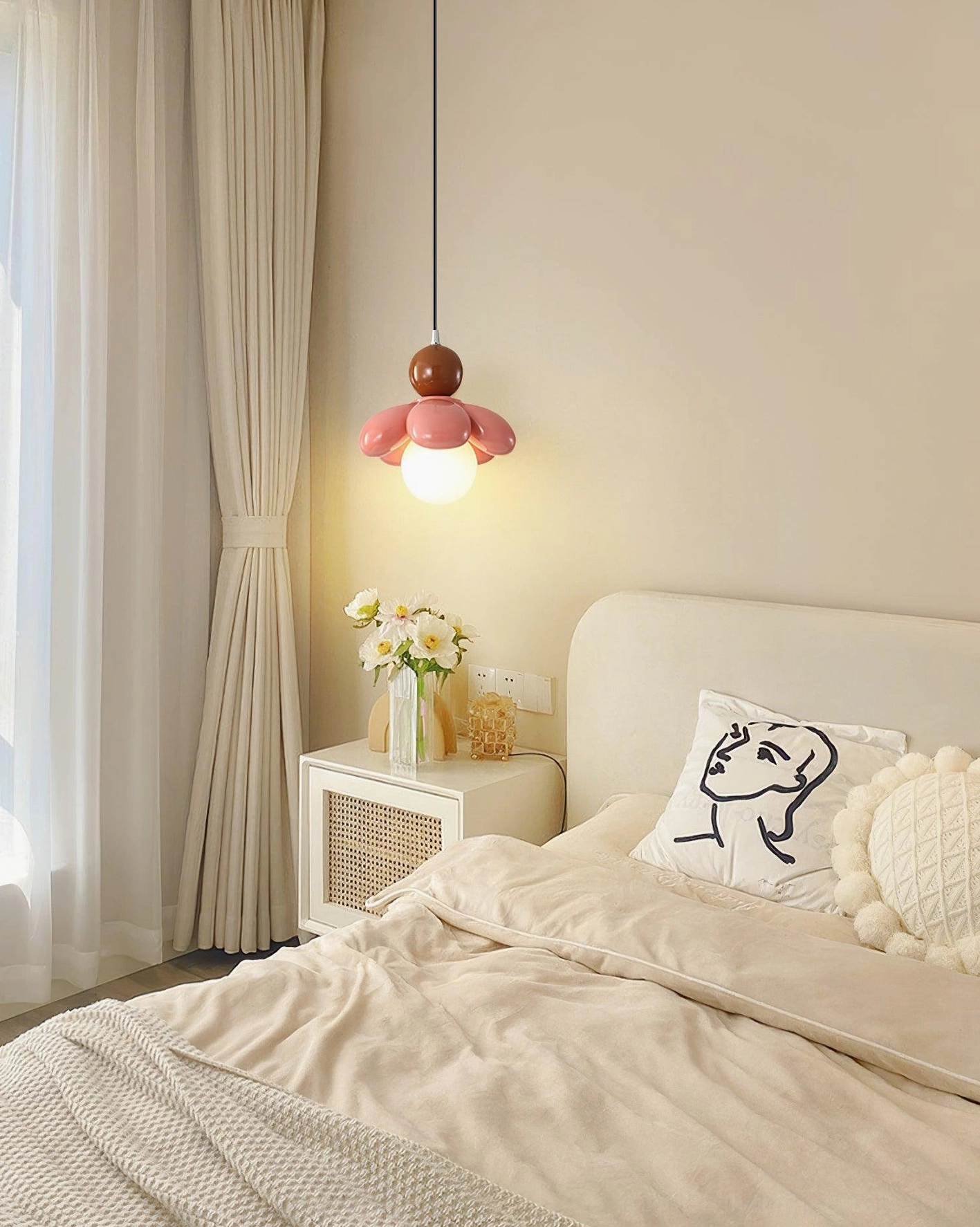 Pink Maru Flower Pendant Light installed in contemporary bedroom bedside area
