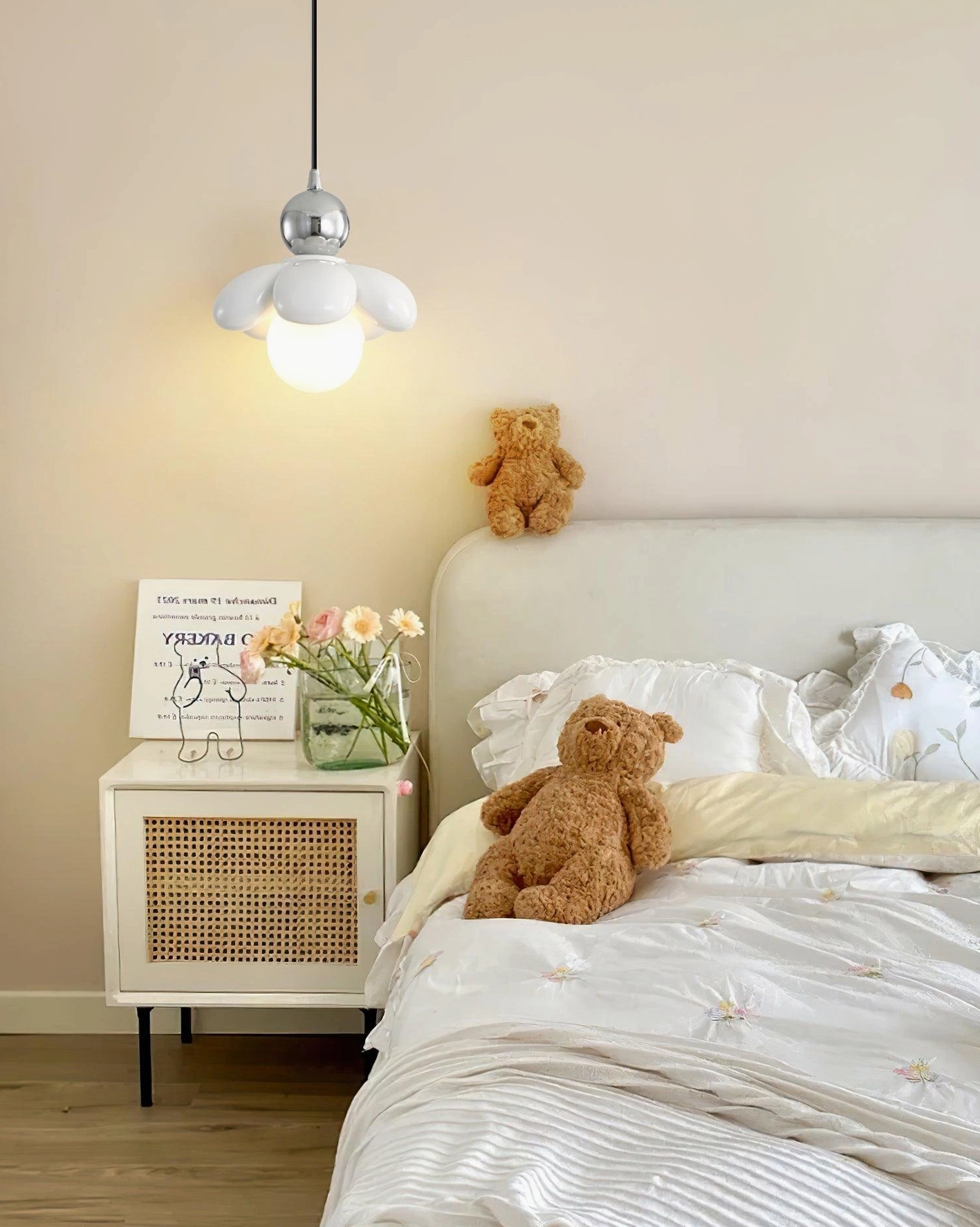 White Maru Flower Pendant Light with silver metal fixture, bedside bedroom lighting