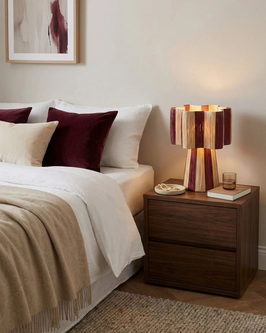 Maruvia table lamp on dark wood nightstand beside upholstered bed with burgundy pillows, bedroom accent lighting