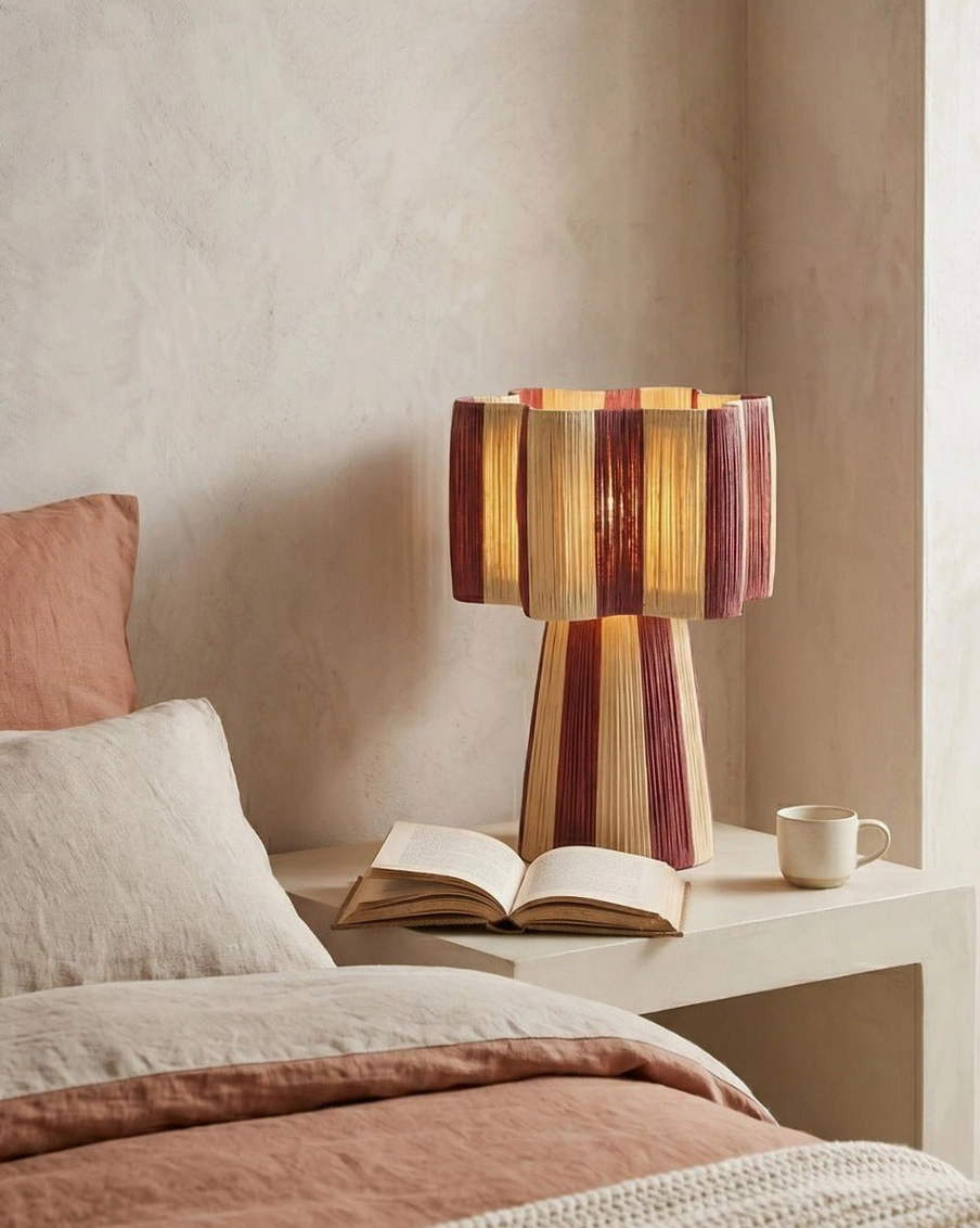 Maruvia striped lamp on white bedside table with open book and coffee mug, neutral bedroom corner aesthetic