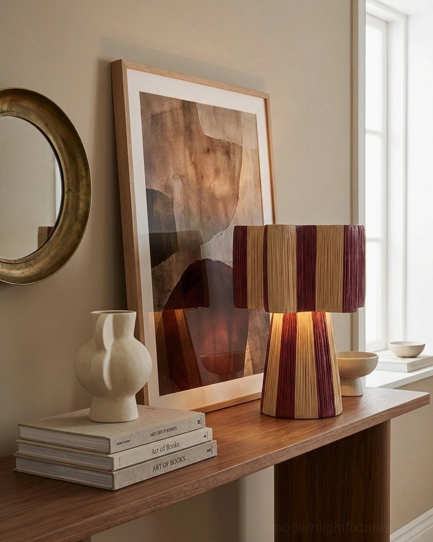 Maruvia boho table lamp on wood console table in entryway with wall art and ceramic decor, entry accent lighting