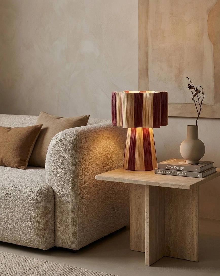 Maruvia cotton-cord table lamp on travertine side table beside boucle sofa with throw pillows, modern living room design