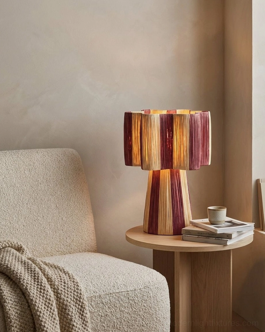 Maruvia boho lamp on round wood side table next to boucle accent chair, warm ambient lighting in reading lounge