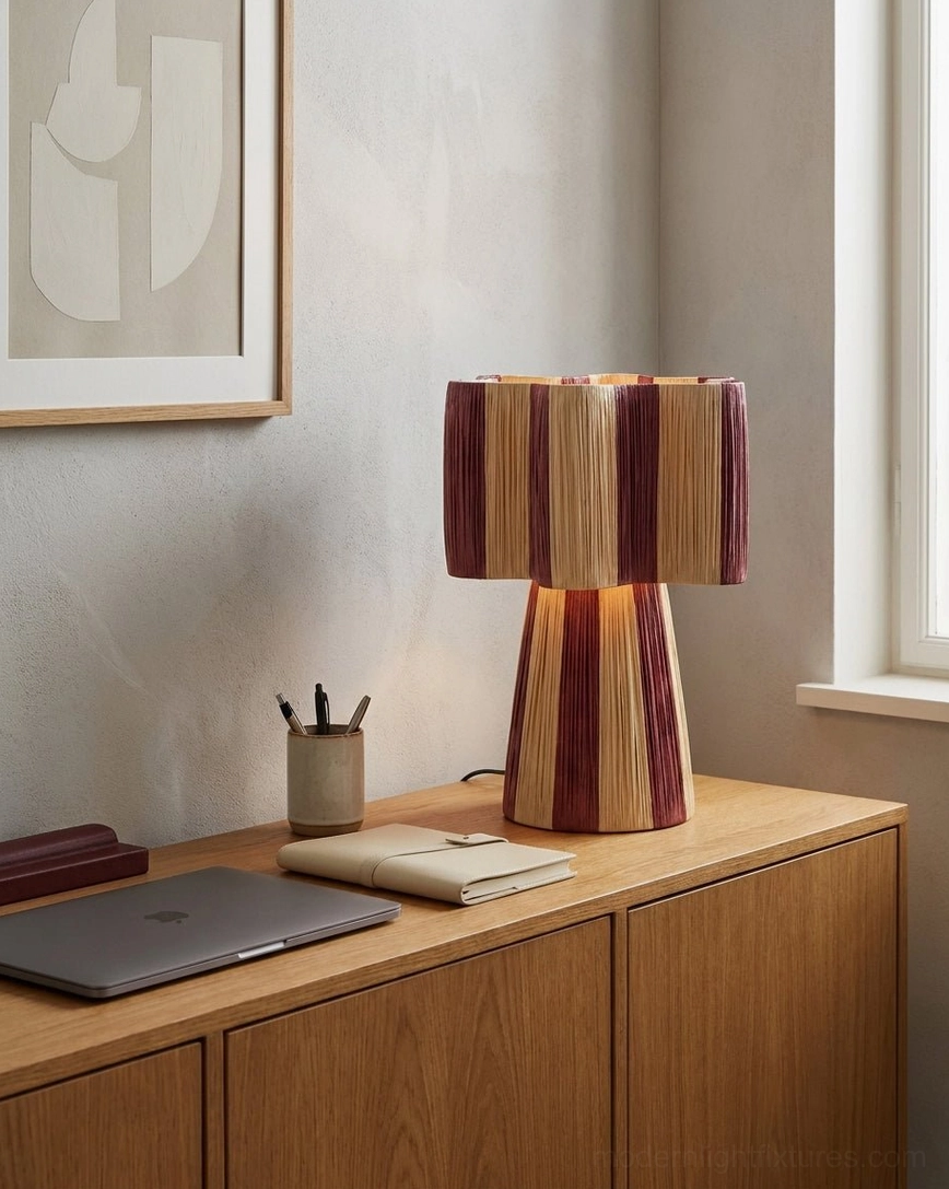 Maruvia striped cotton-cord lamp detail shot showcasing burgundy and cream vertical weave pattern and texture