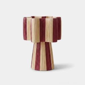 Maruvia striped cotton-cord table lamp with burgundy and cream woven shade, tiered scalloped design, tapered hourglass base, front studio view