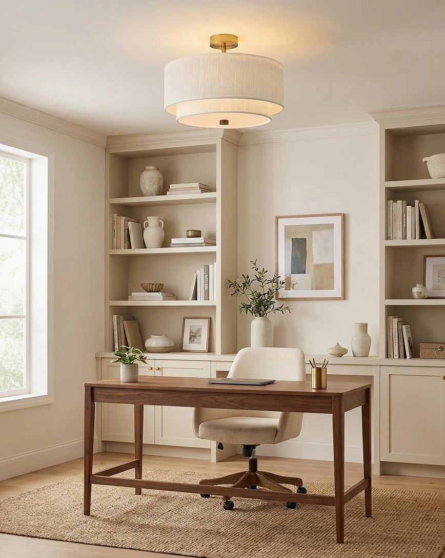 Marvelle semi-flush ceiling light fixture in home office with built-in bookshelves, wooden desk, and office chair, functional ambient lighting