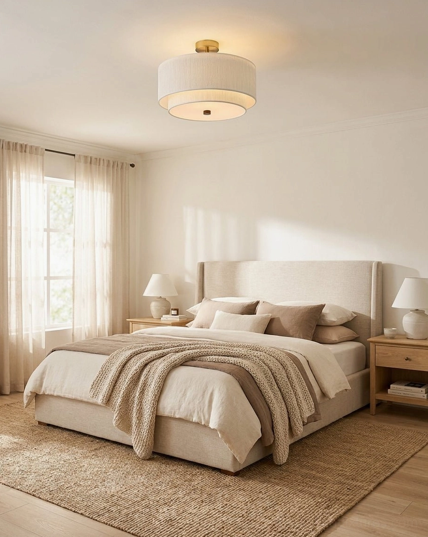 Marvelle rice paper ceiling fixture installed in master bedroom, upward view showing warm ambient light diffusion through stacked drum shades