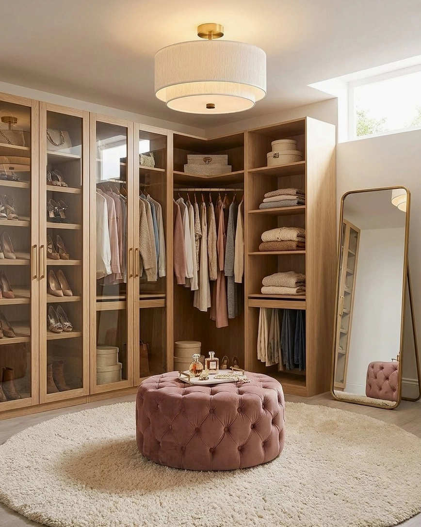 Marvelle two-tier semi-flush ceiling fixture in walk-in closet with glass-front cabinets and tufted pink ottoman, dressing room ambient light