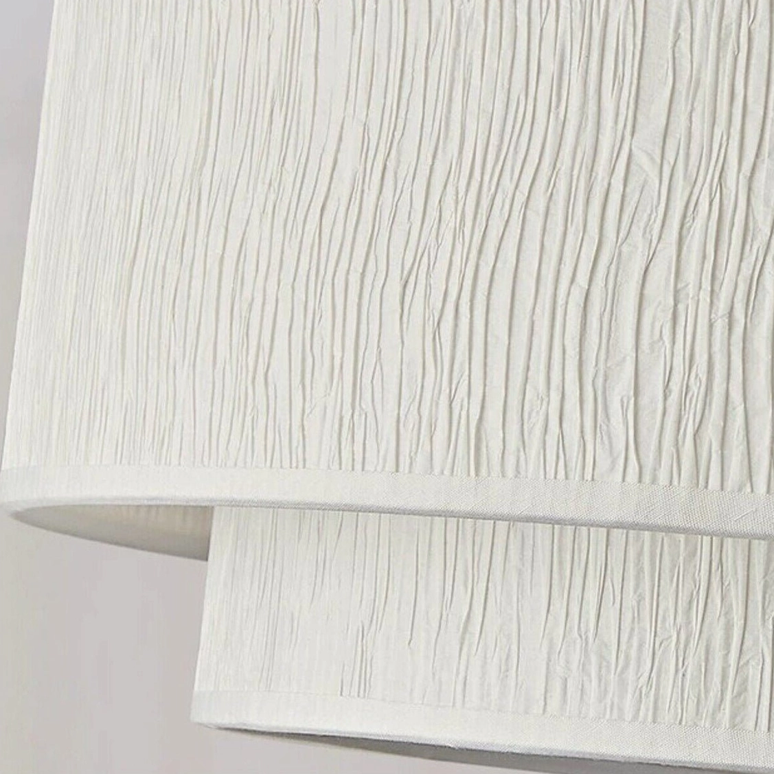 Marvelle ceiling light fixture material composition displaying cream rice-paper drums, brass-tone hardware, wood components, and E27 LED bulb configuration