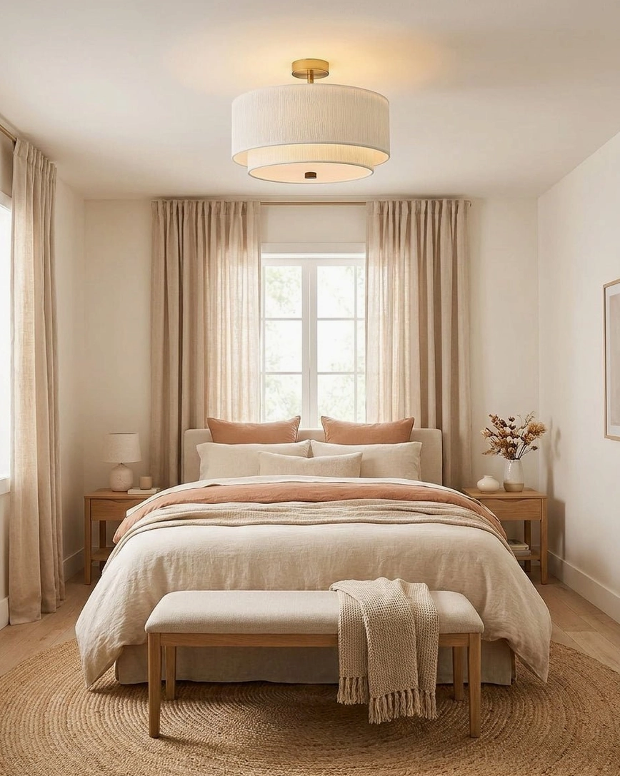 Marvelle two-tier rice paper semi-flush mount ceiling light in master bedroom with warm neutral décor and bed bench, wide interior view
