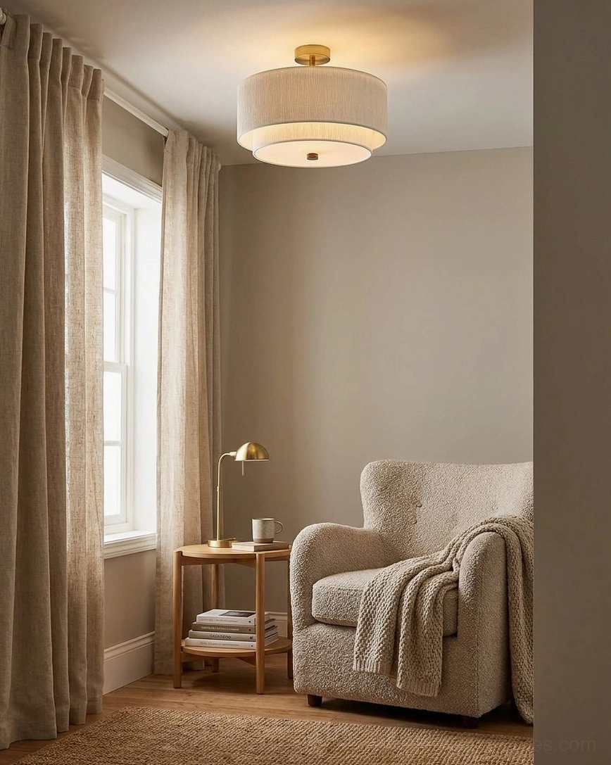 Marvelle semi-flush rice paper ceiling light in cozy living room reading nook with tufted armchair and side table lamp, warm accent lighting
