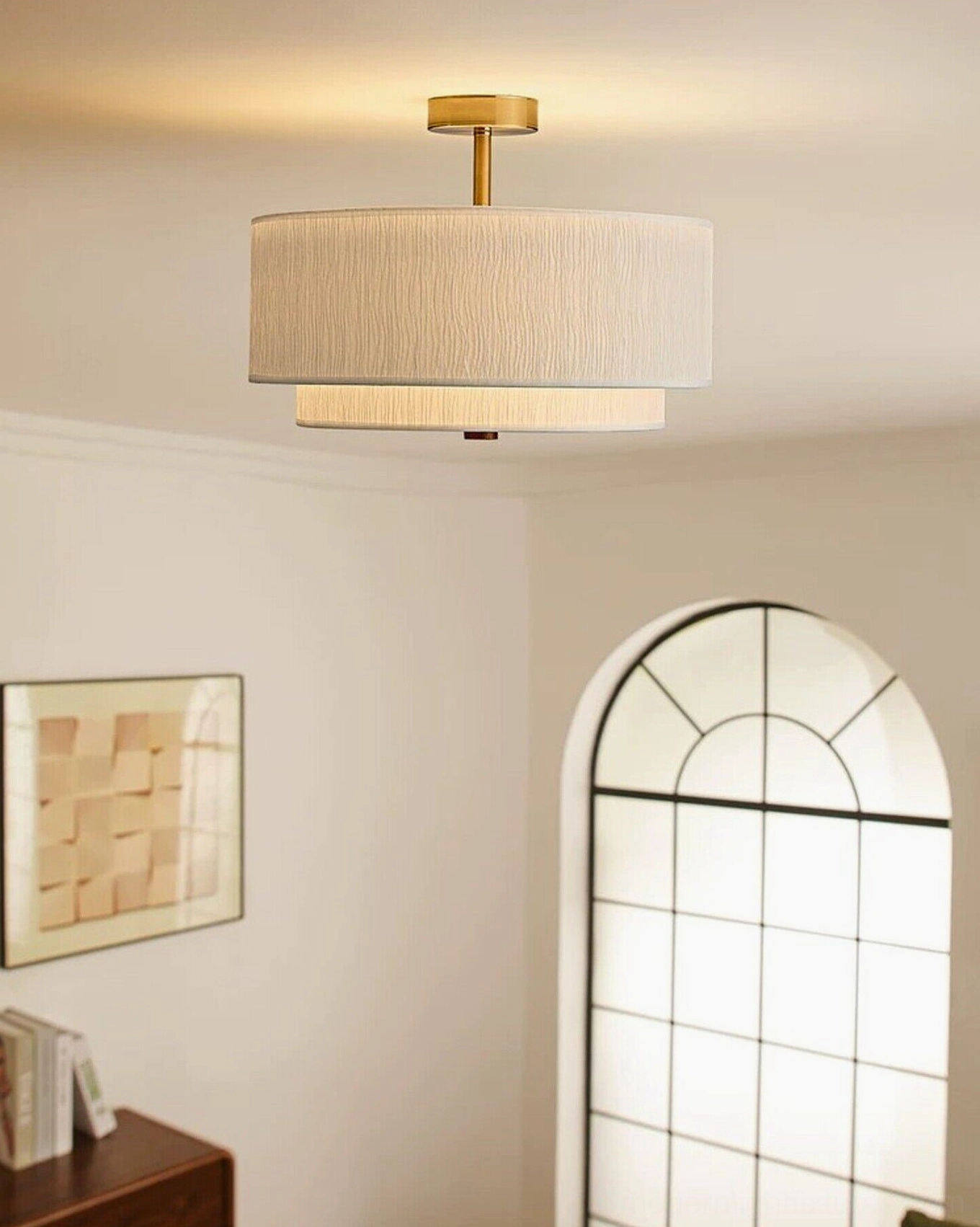 Marvelle two-tier semi-flush ceiling light showing rice paper construction, layered drum shades, and warm light diffusion characteristics