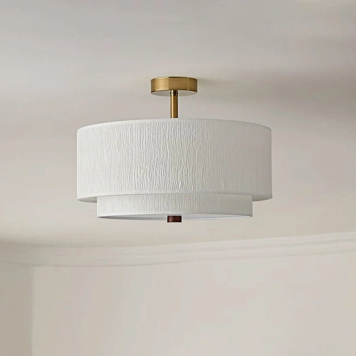 Marvelle two-tier rice paper semi-flush drum ceiling light in Gold and White finish, all three available sizes (small medium large) side-by-side display