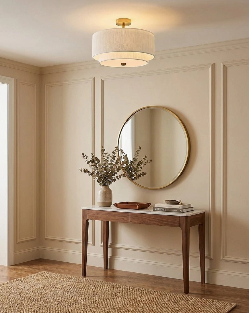 Marvelle rice paper drum ceiling light mounted in bright entryway with paneled walls and round mirror, welcoming foyer lighting