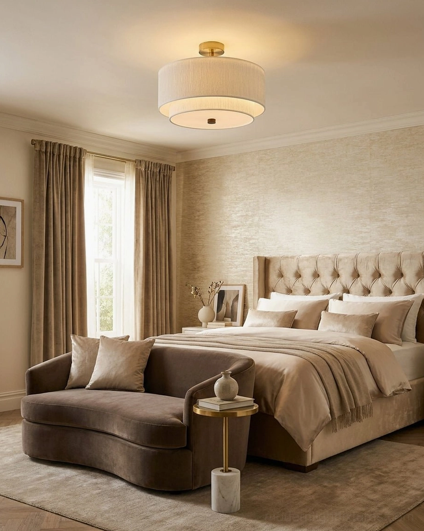 Marvelle rice paper semi-flush mount ceiling light in master bedroom with tufted headboard and warm luxury neutral décor, ambient room illumination
