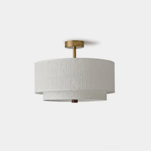 Marvelle two-tier semi-flush rice paper drum ceiling light with brass-tone metal frame and wood finial, front product view