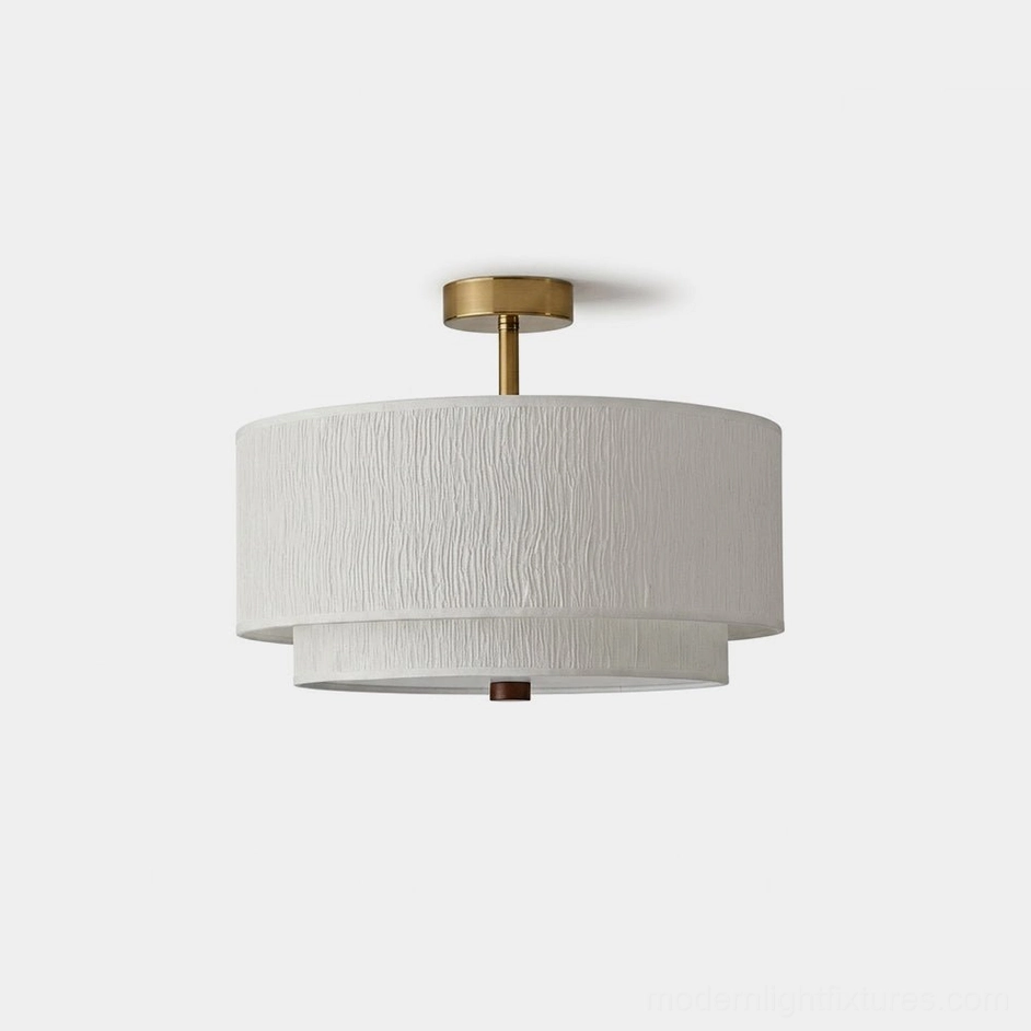Marvelle two-tier semi-flush rice paper drum ceiling light with brass-tone metal frame and wood finial, front product view