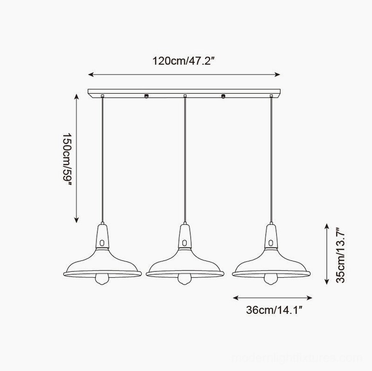 Triple-head pendant light bar technical drawing with 120cm bar length, 150cm suspension height
