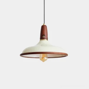 Marvic walnut and beige mid-century modern pendant light fixture with aluminum shade and wood accents, front studio view