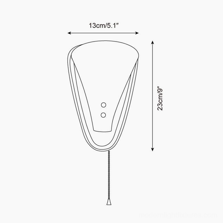 Marzio wall sconce technical specifications diagram showing dimensions 13cm width 23cm height with pull chain