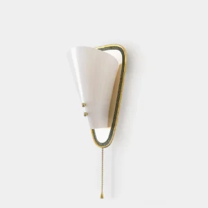 Marzio mid-century modern wall sconce unlit close-up showing white tapered shade with brass gold frame and pull chain detail