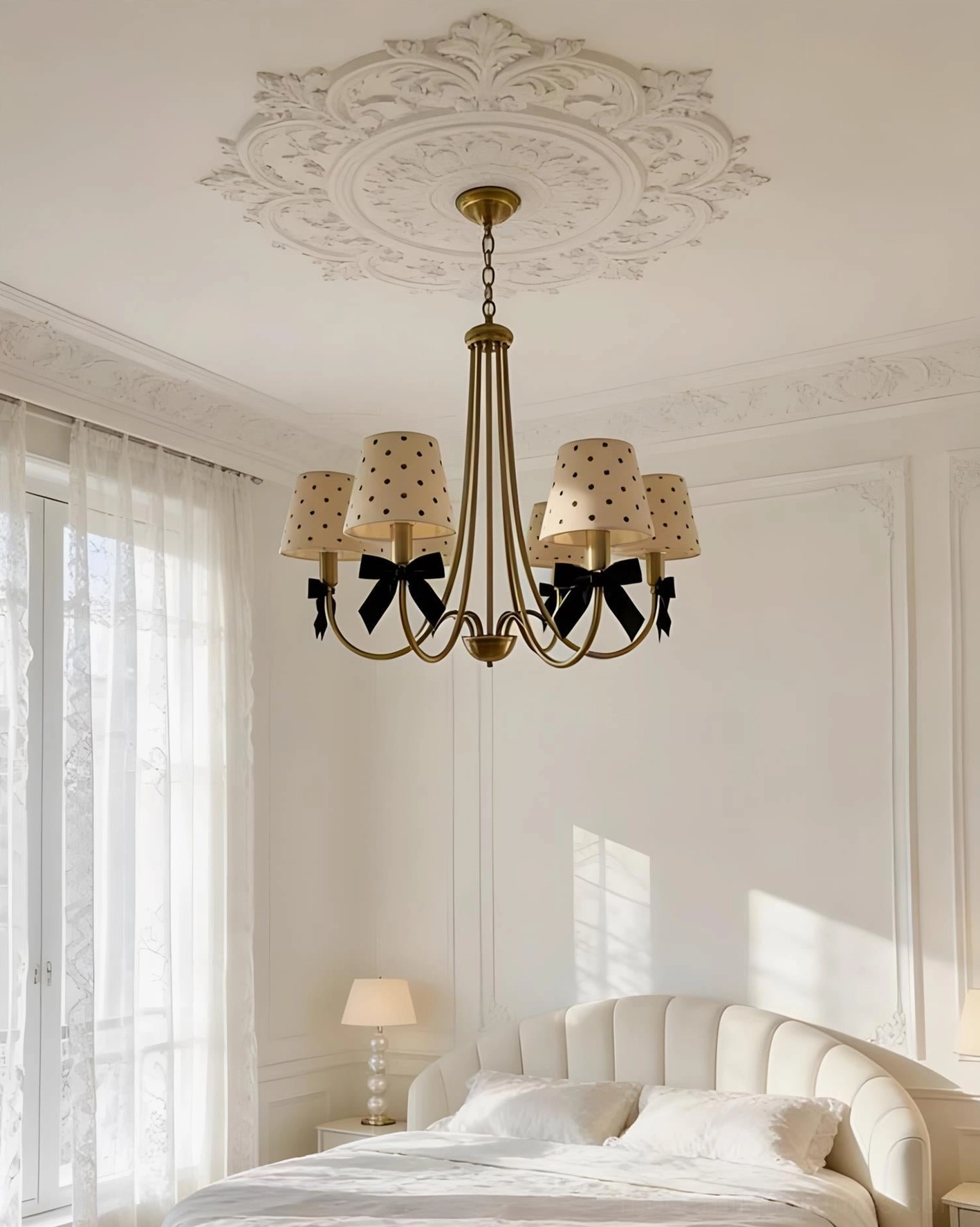 Bright French master bedroom with dot chandelier and natural daylight