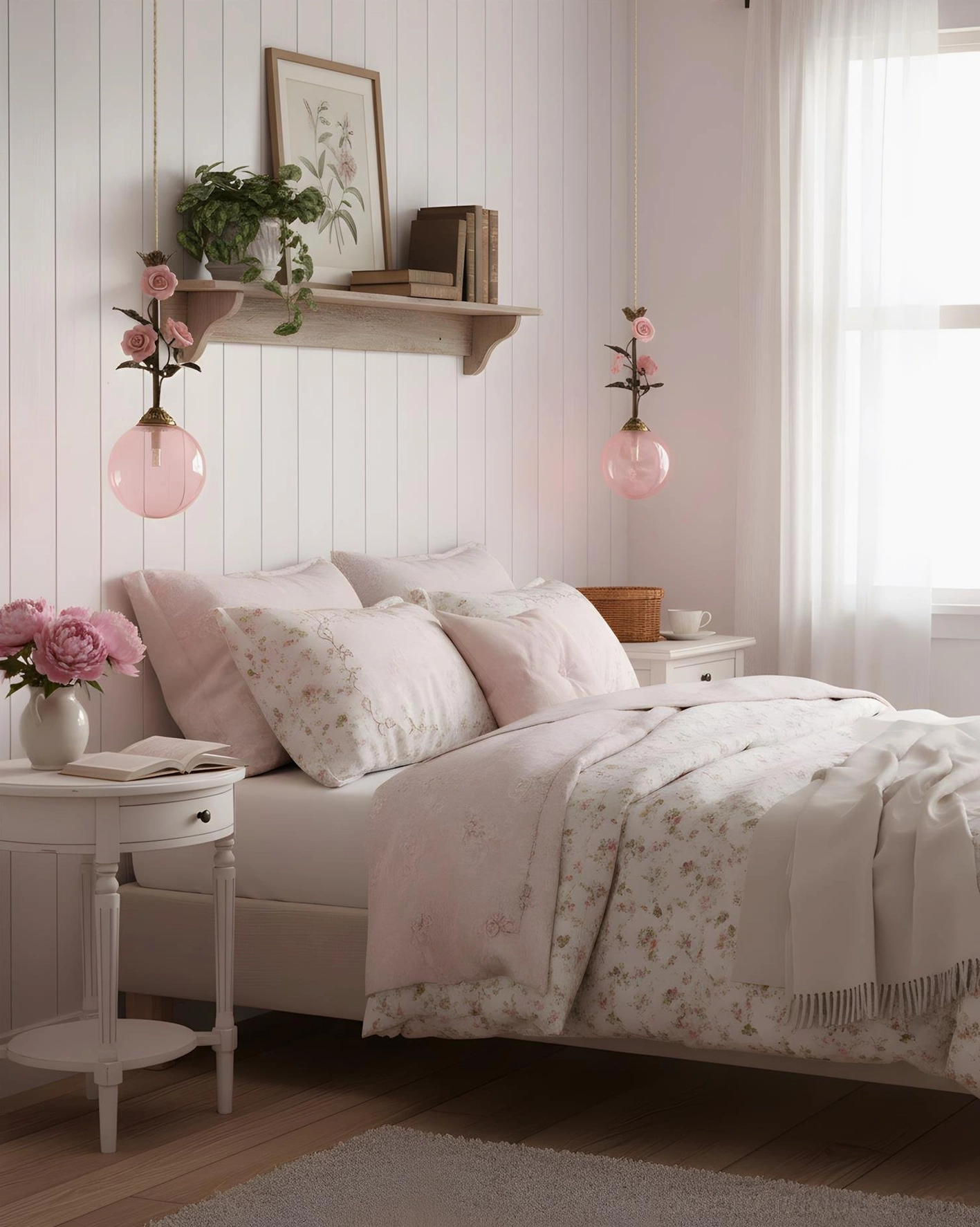 Single floral pendant light in master bedroom with shiplap wall and soft romantic decor