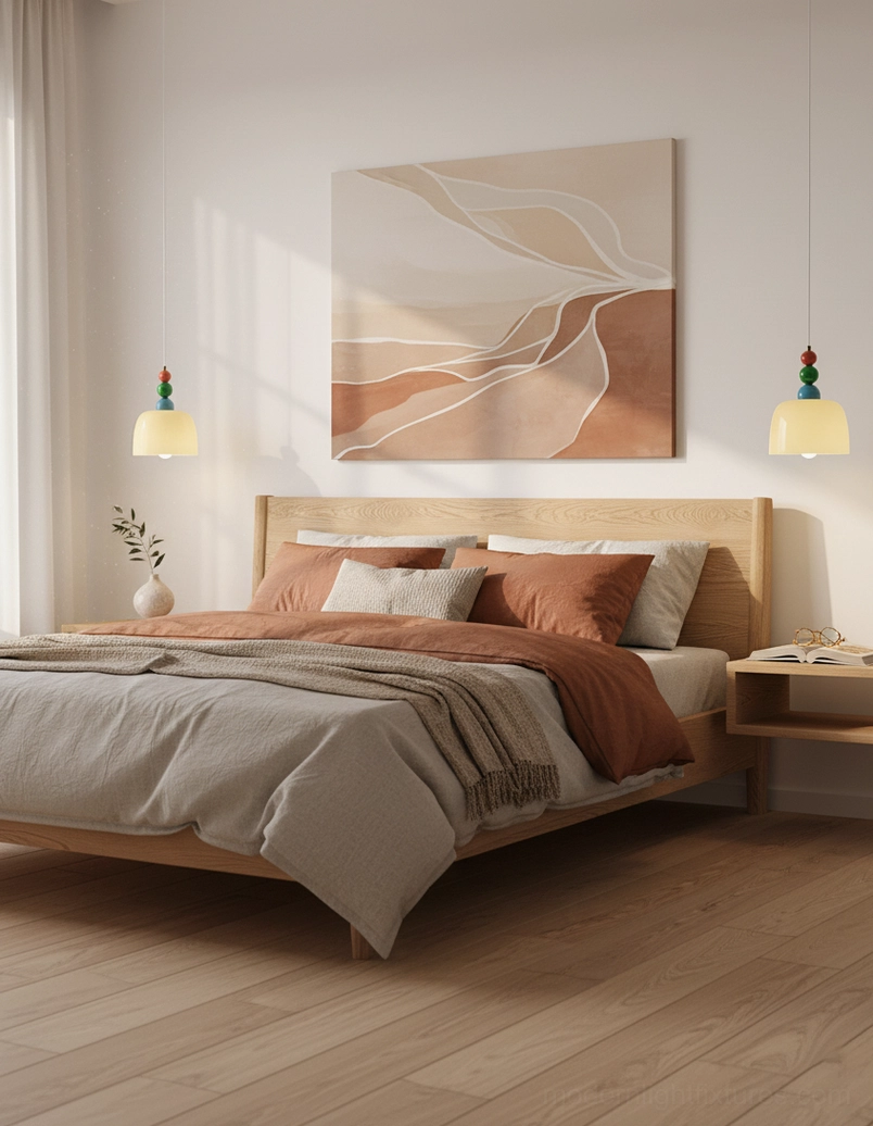 Two matching modern beaded pendant lamps in minimalist Nordic bedroom interior design