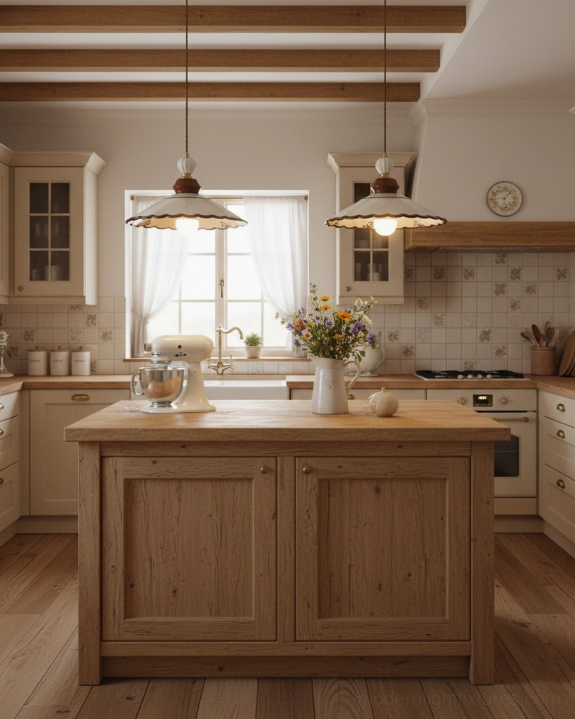 Twin matching off-white ceramic pendant lights hanging in American country kitchen, warm rustic ambiance with wood tones