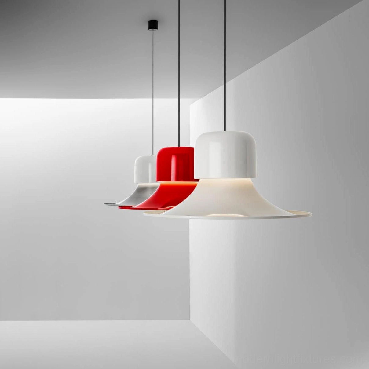 Matching red and white pendant lights creating cohesive modern minimalist interior design