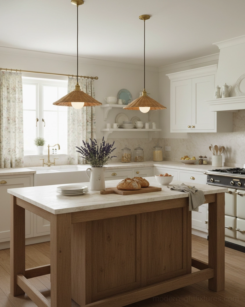 Two matching handwoven rattan pendant fixtures in white cottage kitchen above wooden island