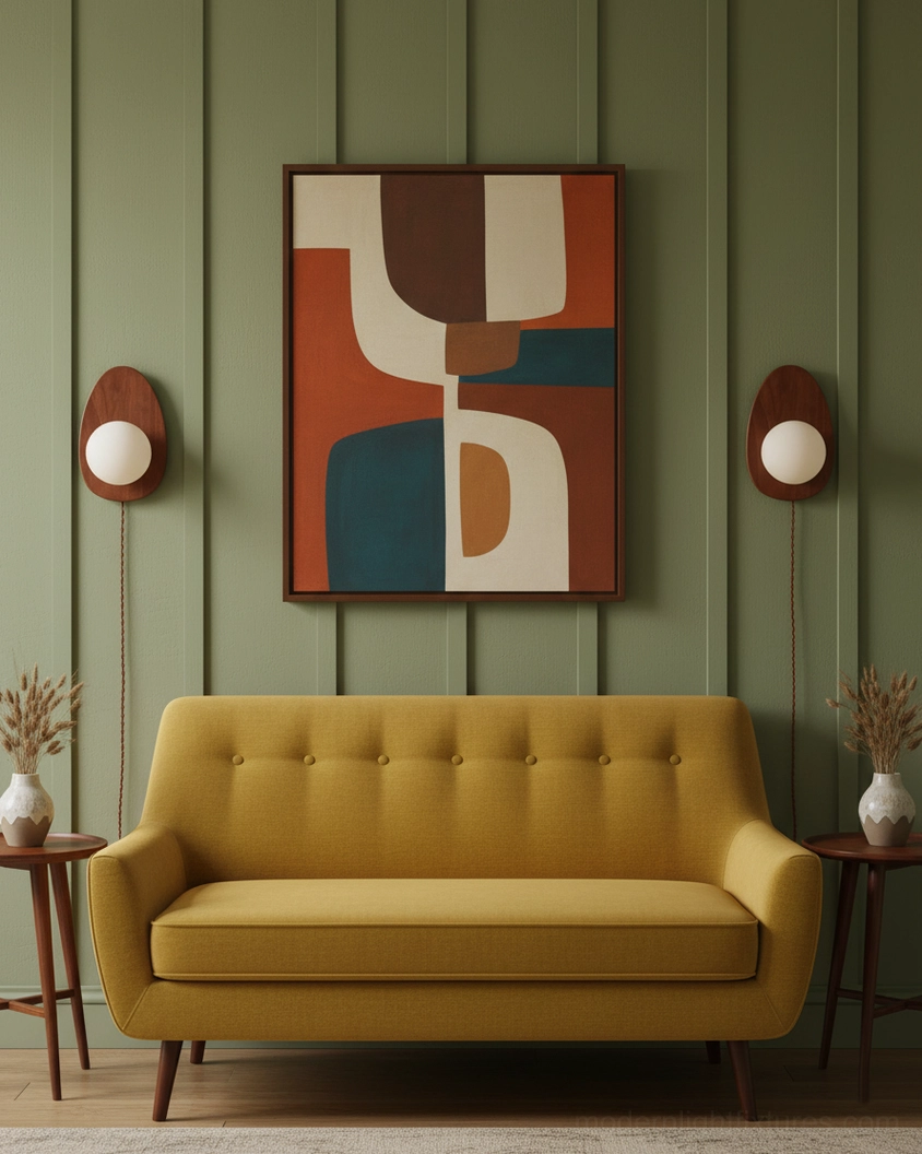 Pair of matching walnut and white wall sconces flanking geometric wall art in mid-century living room