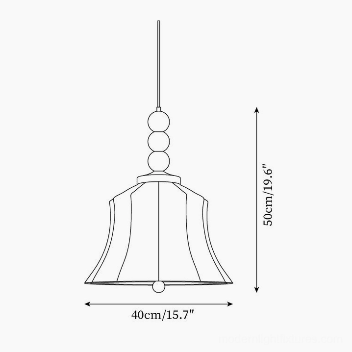 Materia pendant lamp technical schematic showing dimensions 40cm diameter by 50cm height with beaded suspension