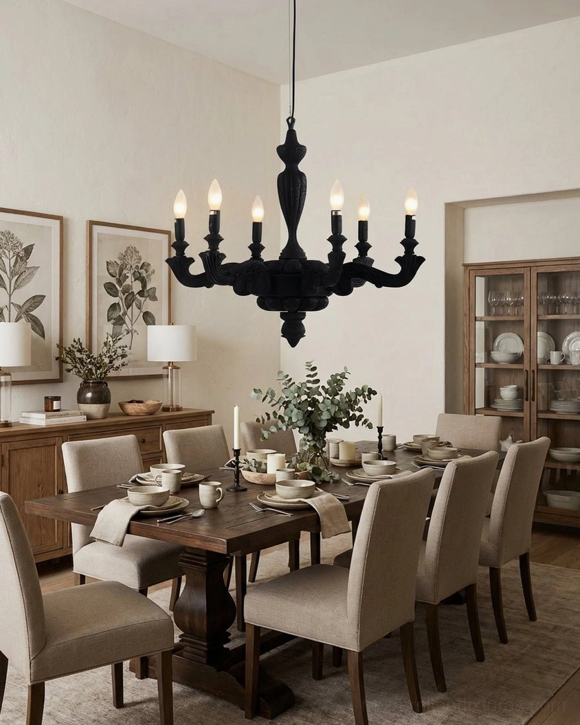 Matte black contemporary candelabra chandelier in formal dining room with elegant table setting